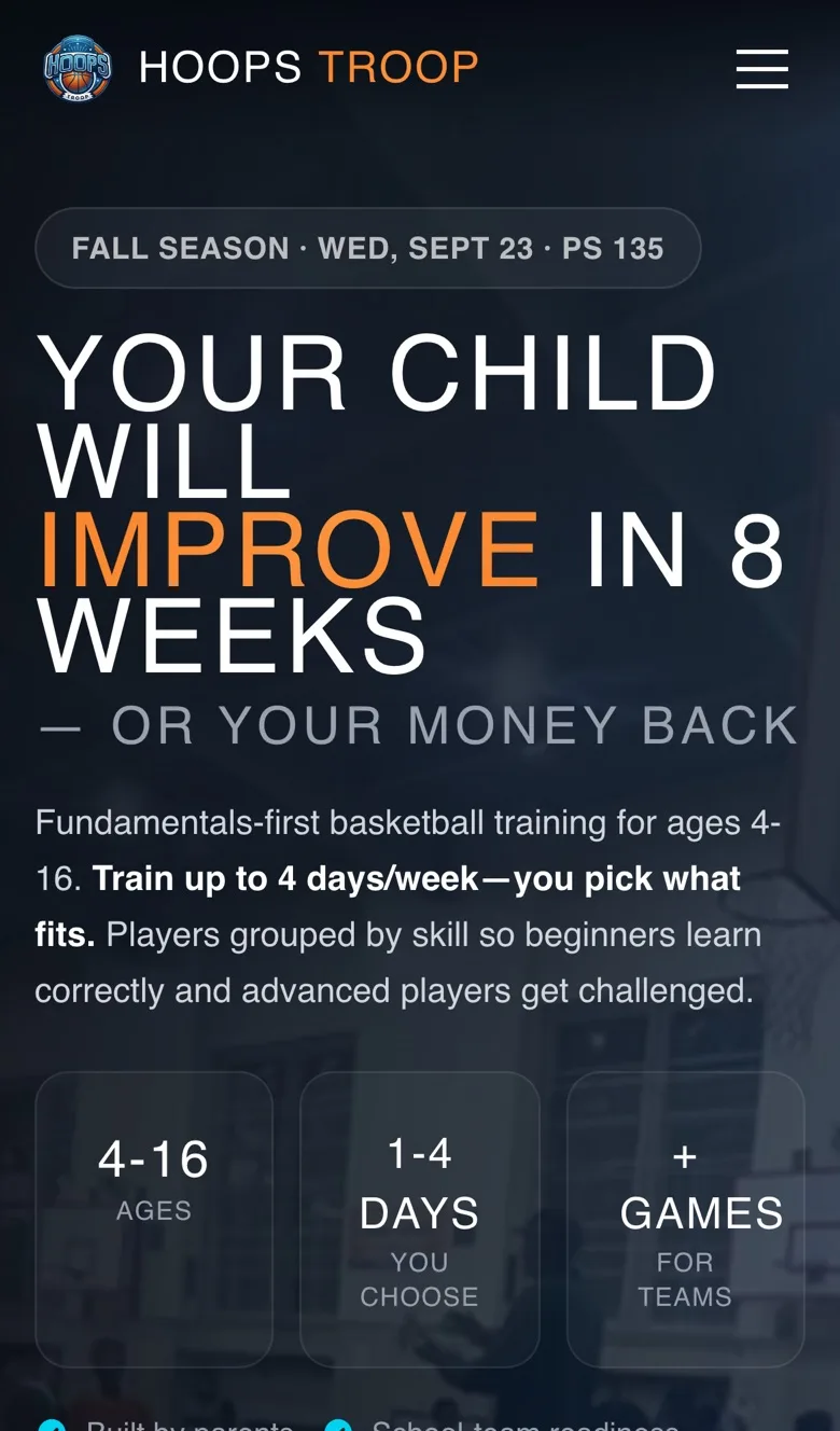 The Hoops Troop website on a phone