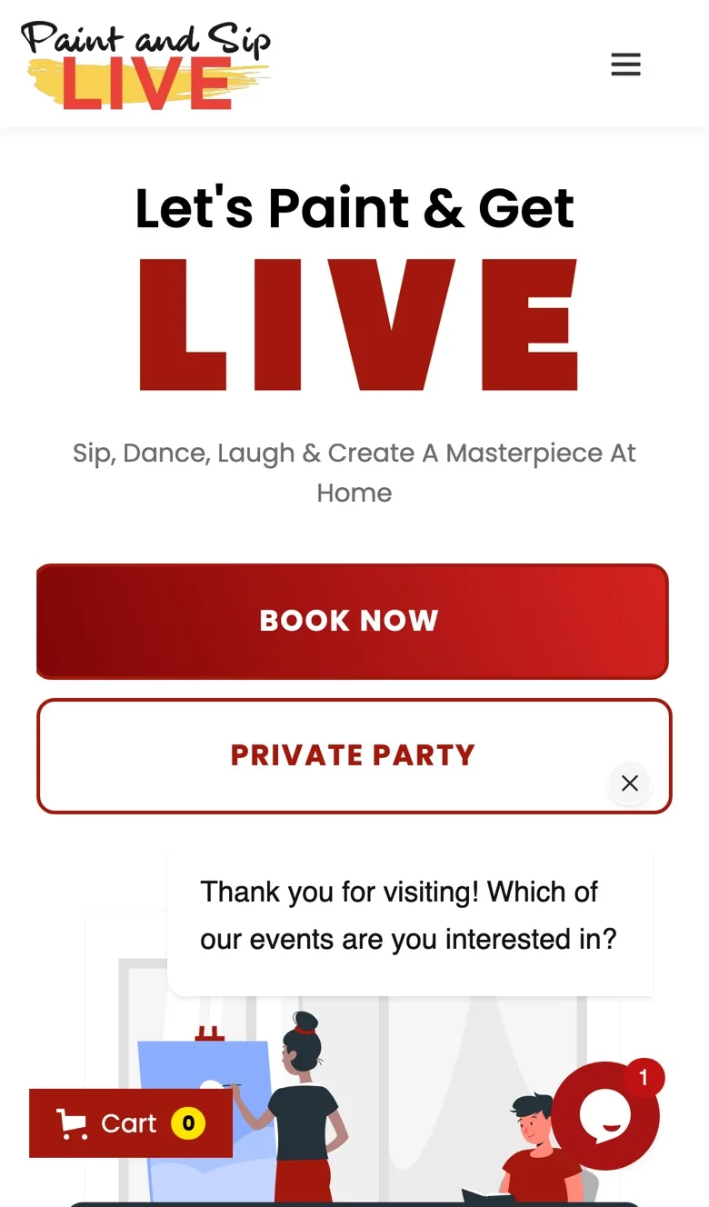 The Paint and Sip Live website on a phone