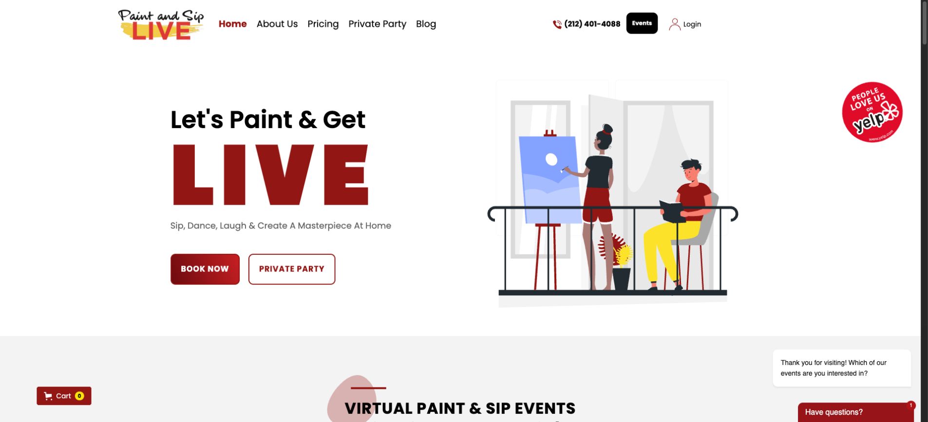 The Paint and Sip Live home page, a virtual painting event company
